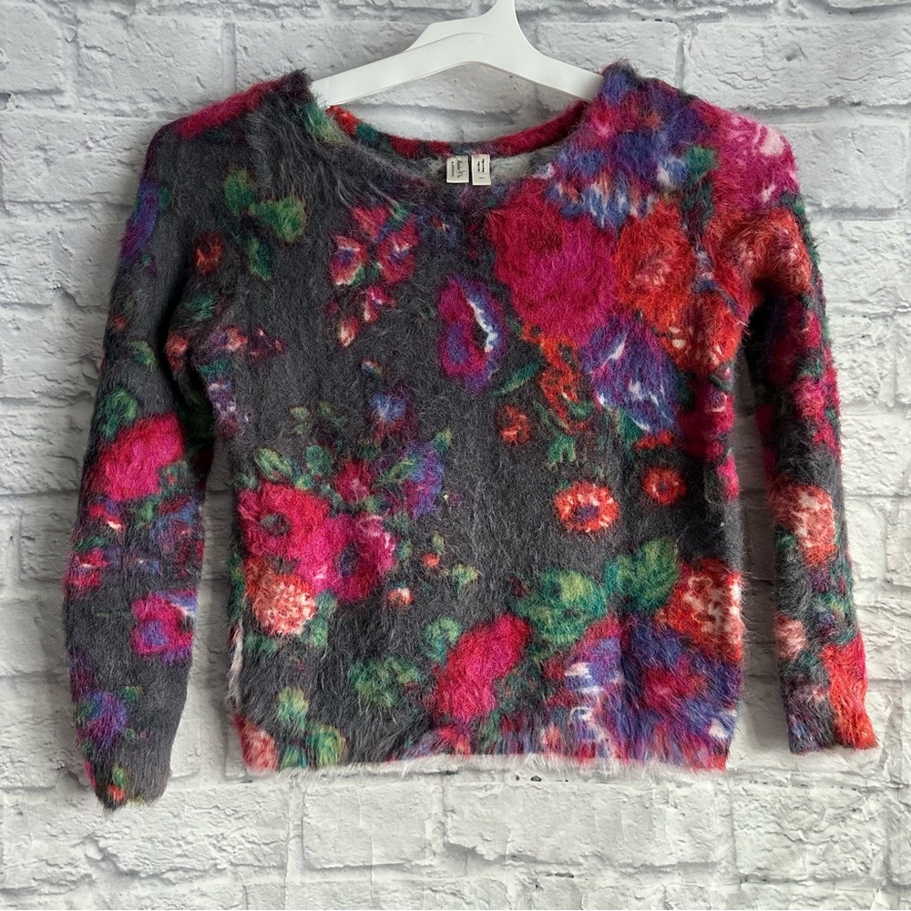 PREOWNED ANTHROPOLOGIE MEADOW RUE FLORAL SWEATER WOMENS XS PINK BLACK GREEN